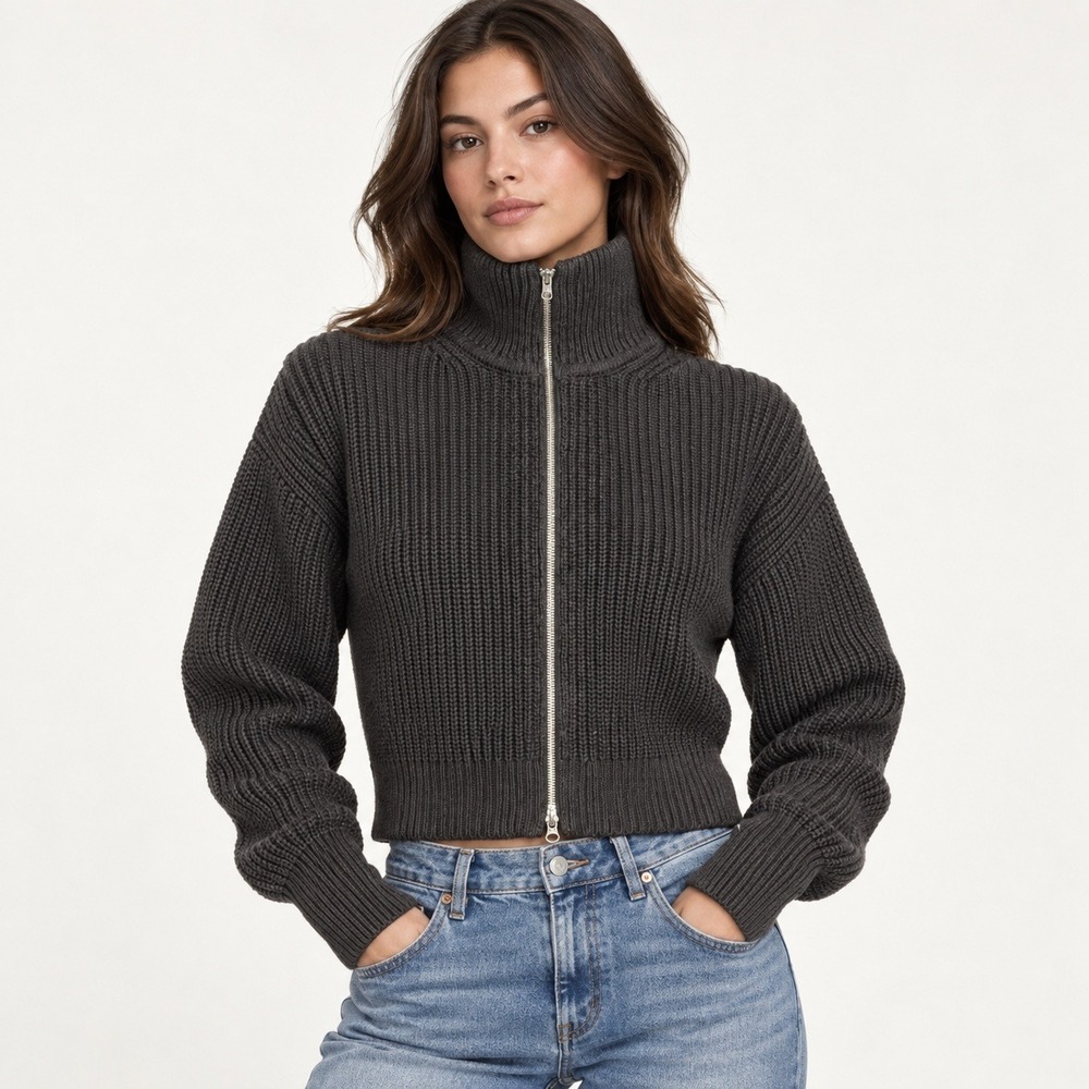 Everlane Organic Cotton Full Zip Cardigan Jacket Black Ribbed Funnel Neck Small